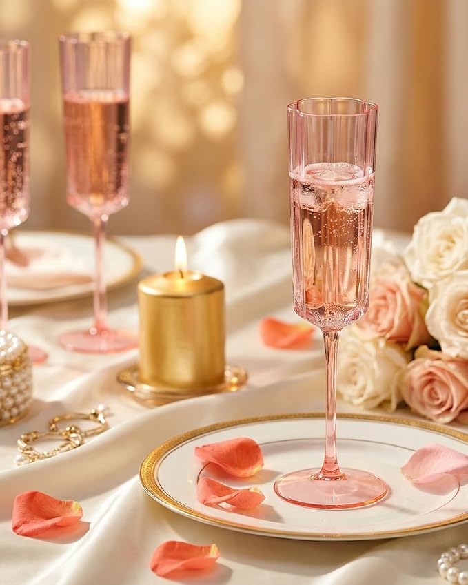 Ciaell 24 Pack Pink Plastic Champagne Flutes - 6 Oz Flower Wavy Champagne Glasses - Heavy Duty Vintage Disposable Glassware for Party & Anniversary & Wedding & Valentine's Day