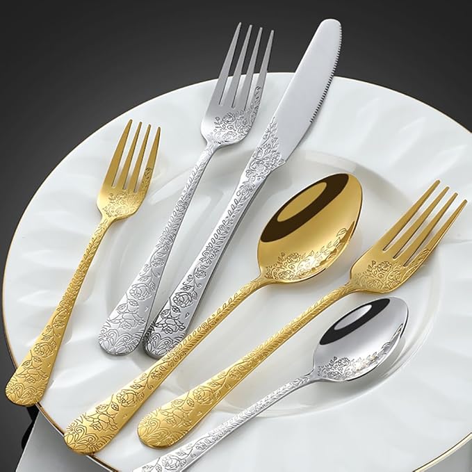 60-piece flowers TWEE Silverware Set for 12, Palace Style Stainless Steel Flatware Cutlery Serving Utensils, Eating Tableware for Home Kitchen Hotel Restaurant, Mirror Polished