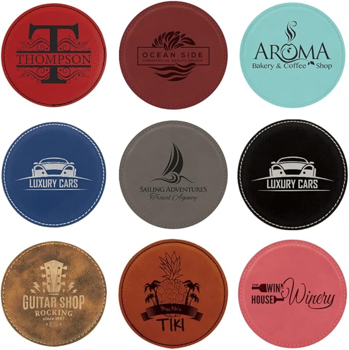 Custom Engraved Coasters | Personalized Leather Coaster | Set of 6 | Drink Coasters with Holder | Laser Engraved | Tabletop Protection | Gift for Couples (Round 4", Rawhide w/Black)