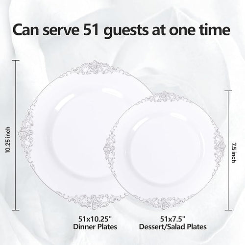102PCS White and Silver Plastic Plates - Heavyweight Silver Plate - Wedding Plate with Silver Rim - Fancy Dinner & Dessert Plates for 51 Guests Weddings & Parties