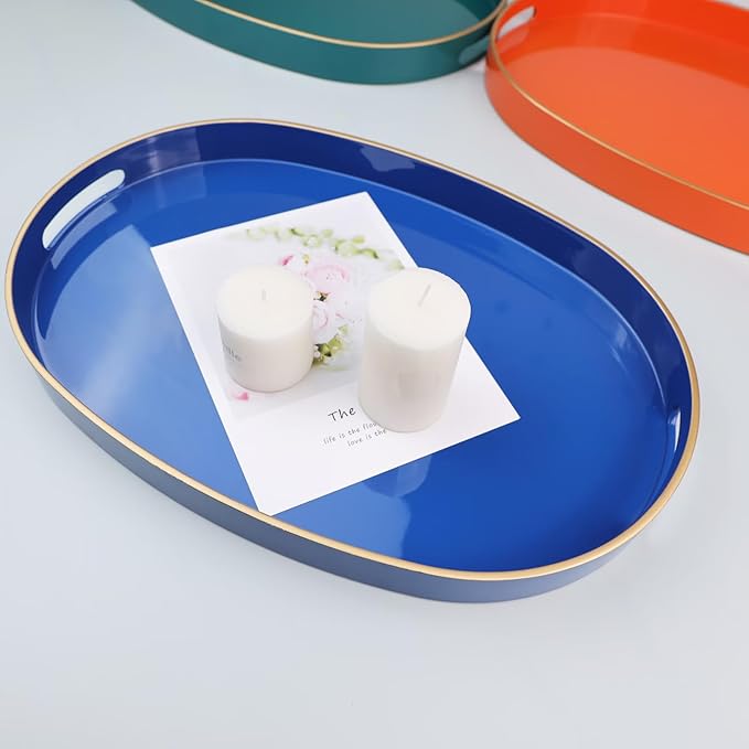 Royal Blue Oval Decorative Tray with Handles, Versatile Serving Tray for Coffee Table, Ottoman, Ideal for Serving, Displaying, Organizing