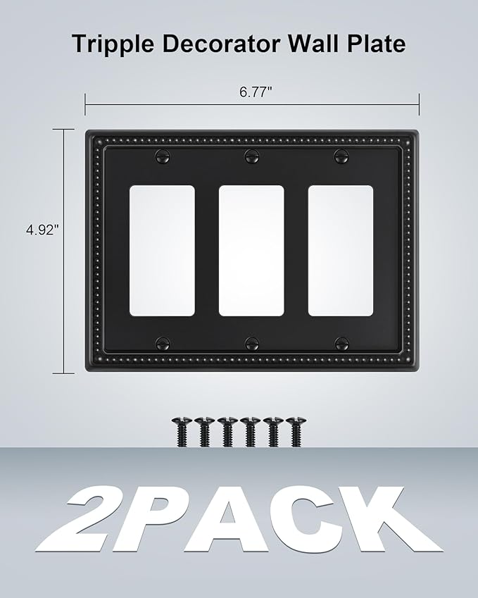 2-Pack Triple Decorator Outlet Cover Plate, Black Pearls Decorative Switch Plates and Outlet Covers, Metal Wall Plates for Electrical Outlets, Receptacle, GFCI Outlet, Dimmer Switch