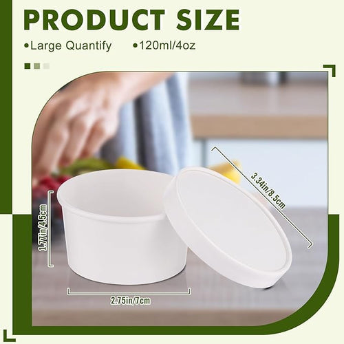 100 Pack 4 oz Disposable Soup Containers with Vented Lids, Kraft Soup Bowls Ice Cream Cups, White Paper Food Containers Microwavable and Freezer Safe for Hot Soup, Ice Cream (100 Pcs - White, 4 oz)