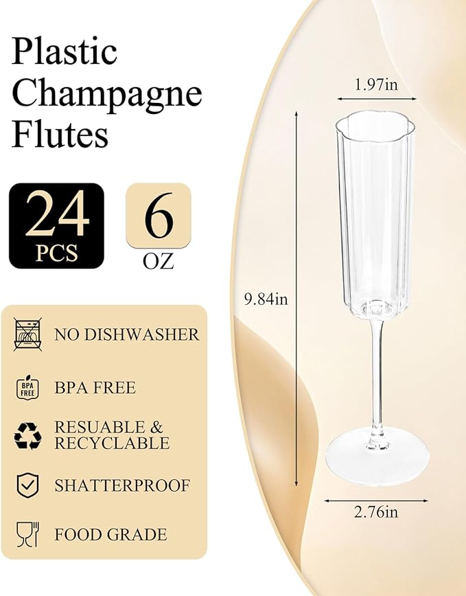 Ciaell 24 Pack Plastic Champagne Flutes - 6 Oz Flower Wavy Champagne Plastic Glasses - Heavy Duty Vintage Disposable Flutes for Party & Anniversary & Wedding