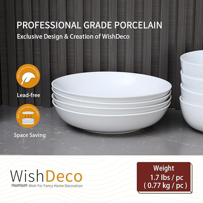White Pasta Bowls Set of 4, Porcelain Salad Bowls 37 oz, Wide and Shallow Serving Bowl 9 Inch, Large Pasta Plates, Serving Dishes for Soup, Dinner, Microwave and Dishwasher Safe