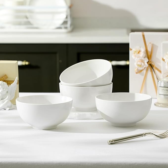 MALACASA 26 Oz Porcelain Soup Bowls Set of 4, White Ceramic Bowls for Kitchen, Cereal Bowl for Oatmeal, Fruit, Salad, Ramen and Rice Bowl -Dishwasher & Microwave Safe Bowls