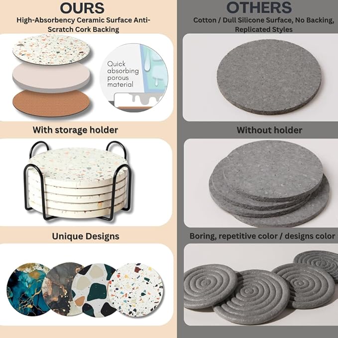 Absorbent Terrazzo Drink Coasters Set of 6 with Holder, Ceramic Drink Coasters for Coffee Table Decor, Water-Absorbing Stone Coasters (Mosaic)