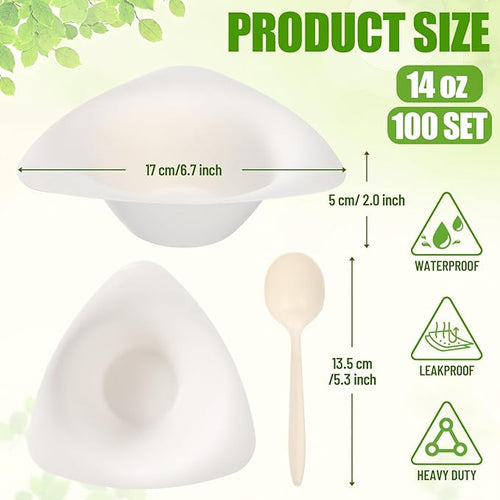 100 Pack Triangle Paper Bowls with Spoon 14oz Disposable Paper Soup Bowls Dessert Fancy Ice Cream Cups for Hot Food, Soup, Salad, Meals