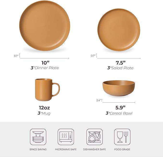 12-Piece Matte Orange Dinnerware Set,Stoneware Dinnerware for 3, Microwave & Dishwasher Safe, Stackable Design for Kitchen and Dining - Plates,Bowls and Mugs