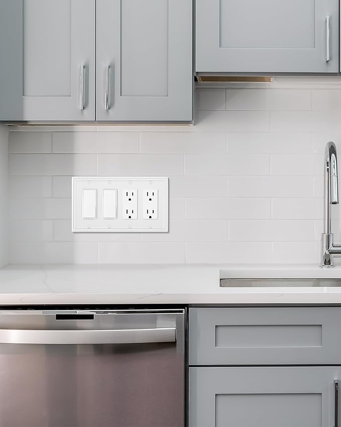 2-Pack Quad Decorator Outlet Cover Plate, Pure White Pearls Decorative Switch Plates and Outlet Covers, Metal Wall Plates for Electrical Outlets