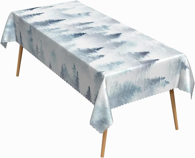 54x78 Inch Nordic Winter Nature Rectangle Tablecloth Misty Foggy Pine Trees Forest Table Cloth Waterproof Stain Resistant Table Cover for Kitchen Dining Picnic BBQ Home Holiday Party