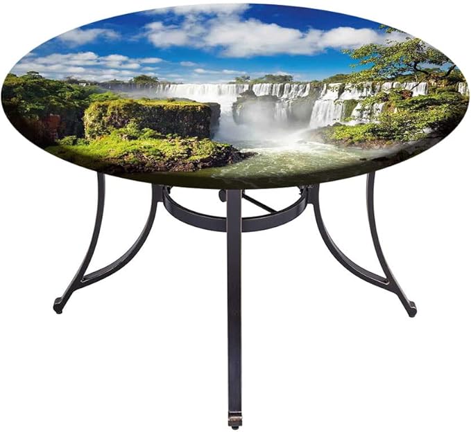Round Vinyl Fitted Tablecloth, Landscape Print Polyester Table Cloth, Majestic Waterfall River Argentinean Falls Natural, Fit Round Tables 23inch Diameter, for Dinner Kitchen Party Decoration, Multi