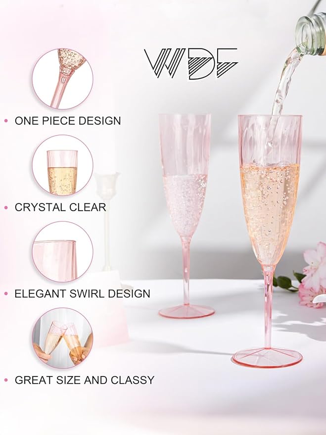 WDF 36PCS Pink Champagne Flutes Plastic - 6OZ Pink Disposable Champagne Flutes Party Supplies for Wedding Birthday Parties Valentine's Day Galentine's Day