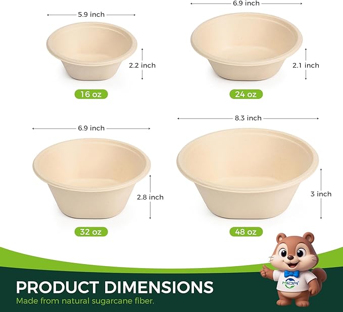 32 OZ Large Disposable Paper Bowls - Heavy Duty and Compostable - Made from Eco-friendly Sugarcane Bagasse - Biodegradable Bowls for Soup, Salad, Dessert, Ice Cream [100 Pack]