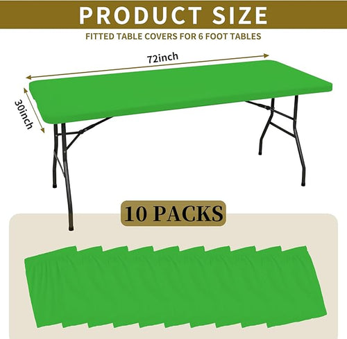 10 Pack Fitted Tablecloth for 6 Foot Rectangle Tables, Green Elastic Outdoor Picnic Table Cover, Washable Stretch Folding Table Cloths 6 ft for Camping Party Patio Kitchen Banquet, 30" W x 72" L