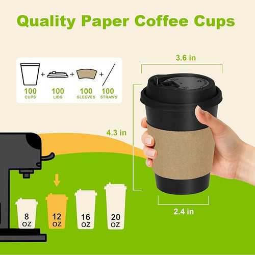 100 Pack 12 oz Disposable Coffee Cups with Lids and Sleeves, Leak-Proof To Go Coffee Cups, PLA Black Paper Coffee Cups for Hot Beverage