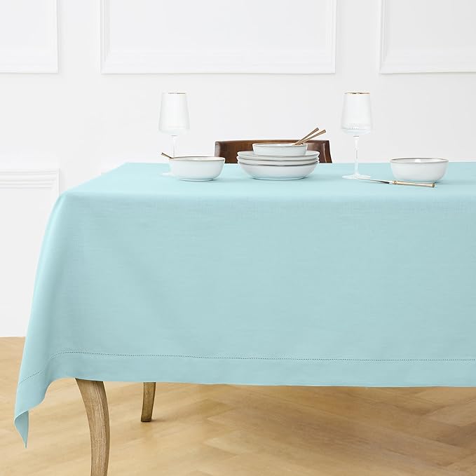 Solino Home Linen Square Tablecloth 52 x 52 Inch - 100% Pure Linen Aqua Blue Table Throw - Classic Hemstitch, Machine Washable Table Cloth for Winter, Spring, Easter