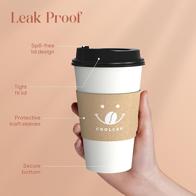 Coffee Cups with Lids and Sleeves, 16 Ounce 100 pack To Go Coffee Cups with Lids, Disposable Hot Coffee Paper Cups Bulk for Hot Beverage (16 Ounce, White) | with Lids, and Sleeves, To Go Coffee Cups, with Lids, Bulk, for Hot Beverage