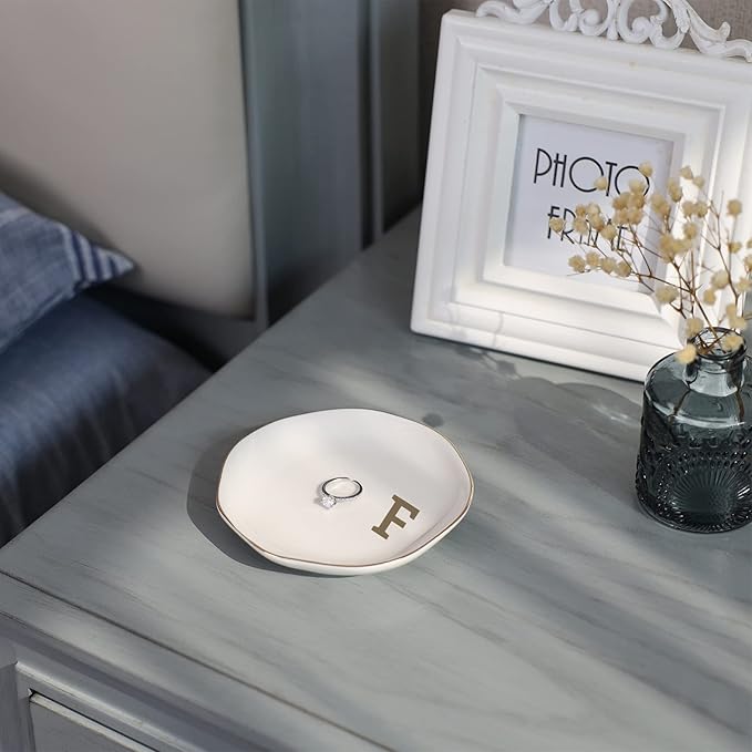 Initials Ring Dish Jewery Tray with Personalized F-Monogrammed Gifts Wedding Engagement for Women Friends Sister,Ceramic White