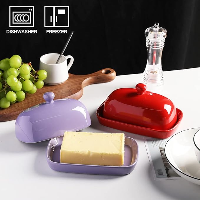 Sweejar Ceramic Butter Dish with Lid for Countertop,Porcelain Butter Keeper with Knob Handle,Butter Container for East/West Coast Butter, 7.1*3.7 inches (Red)