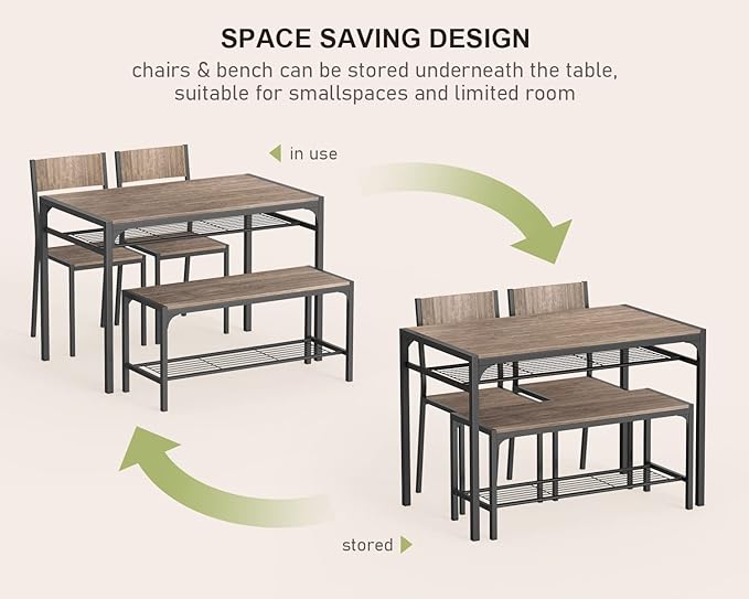 Gizoon Kitchen Table and 2 Chairs for 4 with Bench, 4 Piece Dining Table Set for Small Space, Apartment