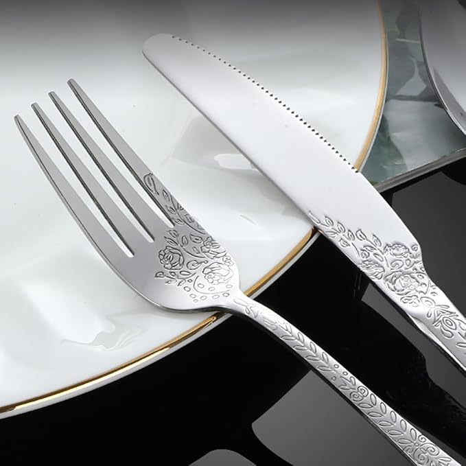 60-piece flowers TWEE Silverware Set for 12, Palace Style Stainless Steel Flatware Cutlery Serving Utensils, Eating Tableware for Home Kitchen Hotel Restaurant, Mirror Polished