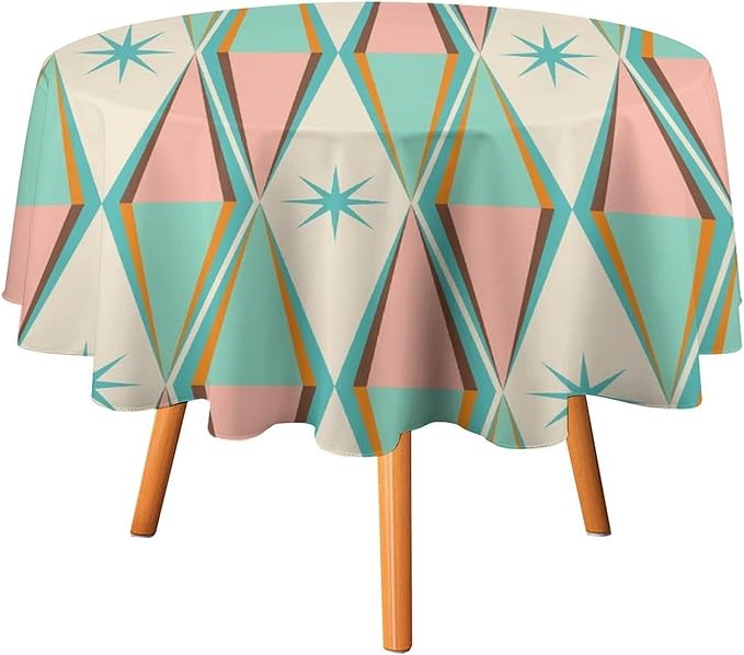 Mid Century Round Tablecloth, Vintage Bohemian Modern Mid-Century 50s 60s Print Tablecloth for Home Party Dining Room Kitchen Decor 50Inch(127cm)