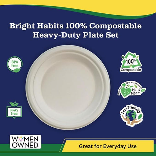 10” Compostable Plates, 125-Pack | Biodegradable Sugarcane | Sturdy, Microwave-Safe Disposable Plates for Parties & Events