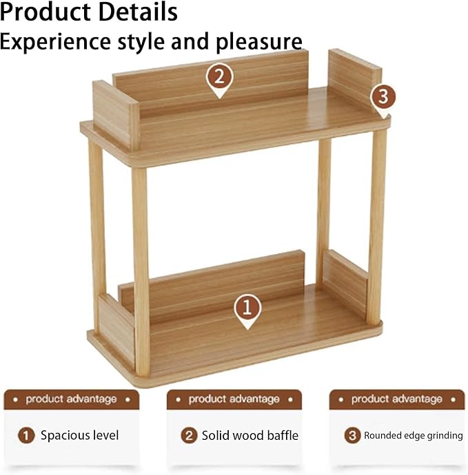 Desktop Organizer Shelf, Multi Tier Wood Tabletop Bookshelf, Space Saving Countertop Storage Rack for Office, Bedroom, Living Room(Warm White,15.7 * 7.8 * 14.5in)