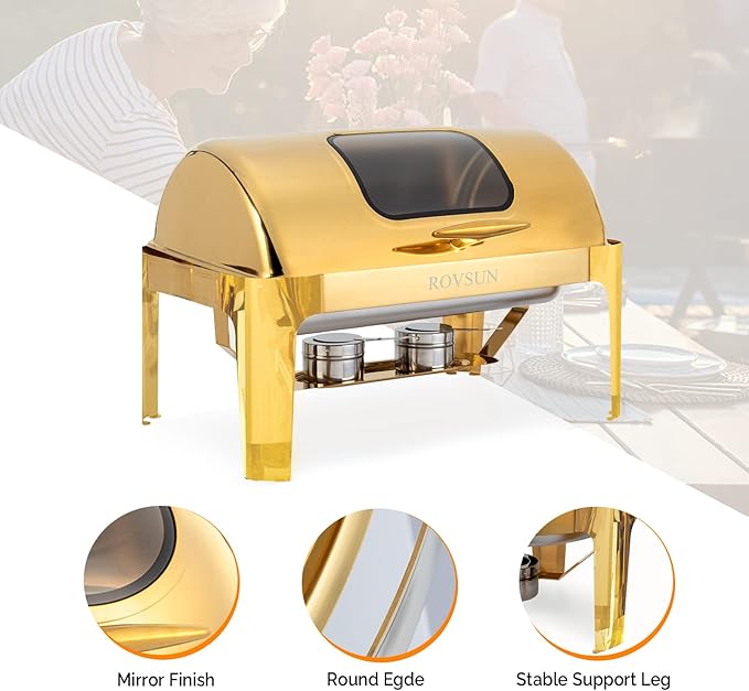 ROVSUN 9QT Chafing Dishes for Buffet, Roll Top Chafing Dish Buffet Set, Stainless Steel Buffet Warmer Chafers and Buffet Warmers Sets with Glass Window for Catering Events Parties Weddings, Gold