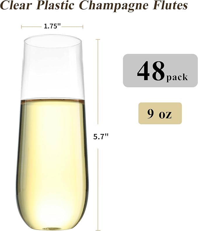 48 Pack 9 oz Stemless Plastic Champagne Flutes, Clear Disposable Champagne Toasting Glasses, Shatterproof and BPA-Free Drinkware for Party & Graduation & Wedding