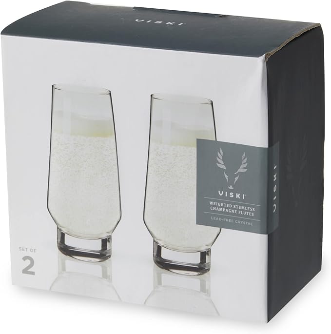 Viski Weighted Stemless Champagne Flutes - Modern Crystal Wine Martini Mimosa Cocktail Glasses Round Footed Base, Bar Fluted Glassware, Housewarming Wedding Champagne Gift - Set of 2, 9.5oz, Clear