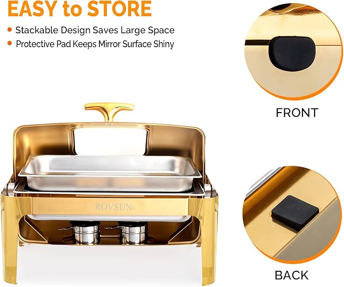 ROVSUN 9QT 3 Pack Roll Top Chafing Dish Buffet Set, Rectangular NSF Stainless Steel Buffet Warmer Chafers with Thick Frame for Catering Events Parties Weddings Dinners, Gold
