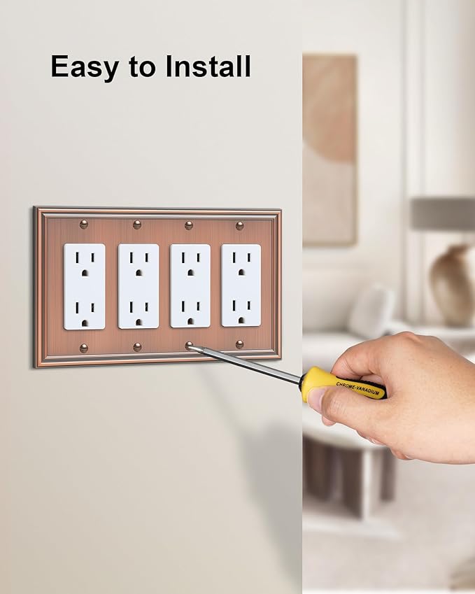 2-Pack Quad Decorator Outlet Cover Plate, Zinc Alloy Antique Copper Switch Plates and Outlet Covers, 4 Gang Wall Plates for Electrical Outlets, Receptacle, GFCI Outlet, Dimmer Switch