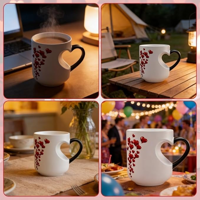 Heart-Shaped Color Changing Magic Ceramic Mug, Funny Heat Sensitive Coffee Cup Reveals Surprise Design with Hot Drinks for Valentine's Day & Anniversaries (2pcs)