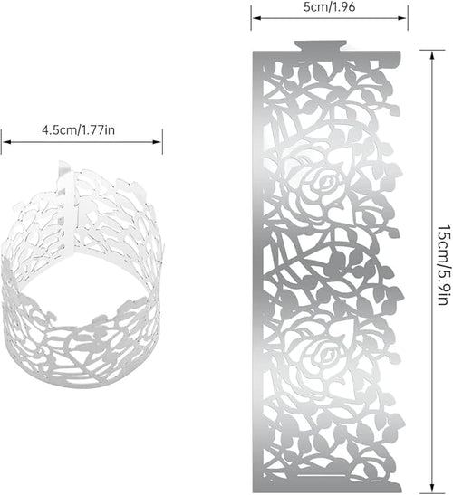 100pcs Disposable Rose Flower Paper Napkin Rings Laser Cut Foil Paper Napkin Holder, Leaf Vine Serviette Rings for Table Decoration,Christmas,Wedding,Party (Silver)