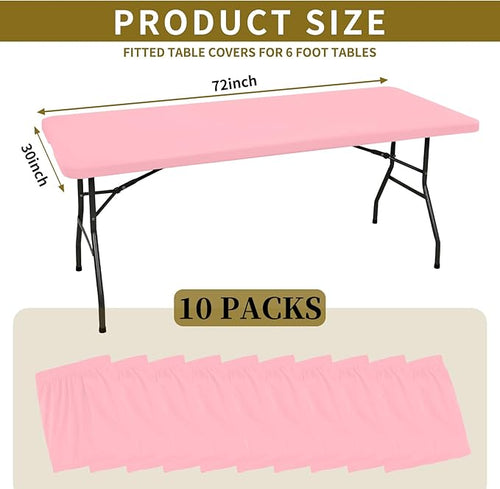 10 Pack Fitted Tablecloth for 6 Foot Rectangle Tables, Pink Elastic Outdoor Picnic Table Cover, Washable Stretch Folding Table Cloths 6 ft for Camping Party Patio Kitchen Banquet, 30" W x 72" L