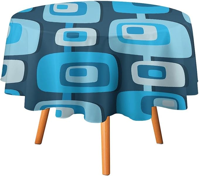 Mid Century Boho Round Tablecloth, Blue Mid Century Modern Art Abstract Geometric Pattern Retro Vintage Style Tablecloth for Home Party Dining Room Kitchen Decor 60Inch(152cm)