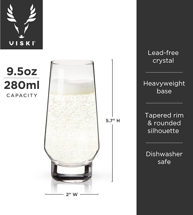 Viski Weighted Stemless Champagne Flutes - Modern Crystal Wine Martini Mimosa Cocktail Glasses Round Footed Base, Bar Fluted Glassware, Housewarming Wedding Champagne Gift - Set of 2, 9.5oz, Clear