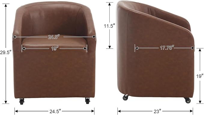 Modern Barrel Dining Chair with Rolling Casters, Upholstered PU Leather Swivel Dining Room Chair with Wheels for Kitchen Living Room Home Office, Brown