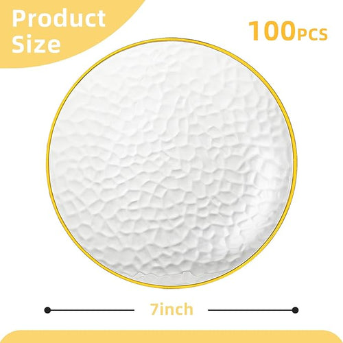 100PCS Clear and Gold Plastic Plates, 7 Inch Disposable Dessert Plates with Gold Rim, Heavy Duty Stone Texture Plastic Plates for Party and Weddings