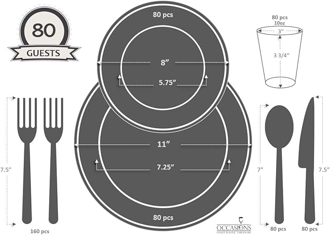 " OCCASIONS " 640pcs set (80 Guests)-Extra Heavyweight Vintage Wedding Disposable/Reusable Plastic Plates 80 x 11'' + 80 x 8.25''+Silverware+Cups+Napkins (Chateau Collection Blue)