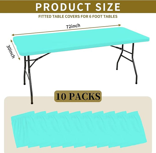 10 Pack Fitted Tablecloth for 6 Foot Rectangle Tables, Aqua Blue Elastic Outdoor Picnic Table Cover, Washable Stretch Folding Table Cloths 6 ft for Camping Party Patio Kitchen Banquet, 30" W x 72" L