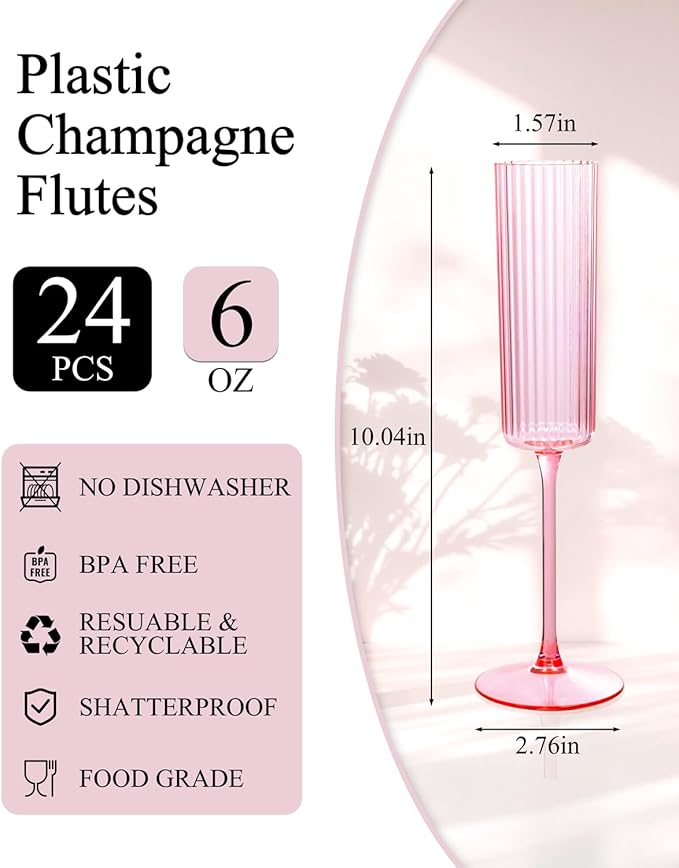 Ciaell 24 Pack Pink Plastic Champagne Flutes - 6oz Ribbed Disposable Champagne Glasses - Pink Vintage Mimosa Glasses with Long Stem, Elegant & Lightweight for Weddings and Party