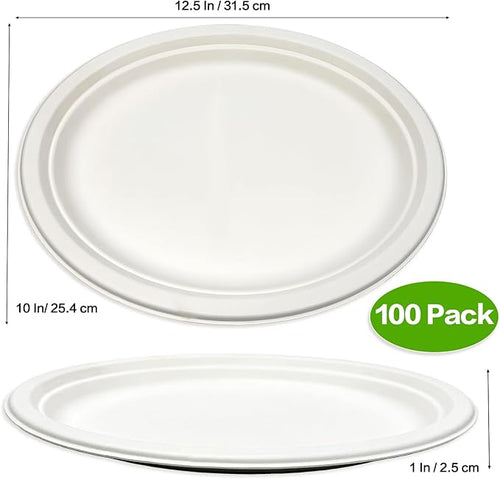 100 Pack Compostable Oval Paper Plates, 12.5 Inch Disposable Heavy Duty Bagasse Platters White Dinner Plates for Restaurant, Parties, Home, BBQ, Picnic, Christmas