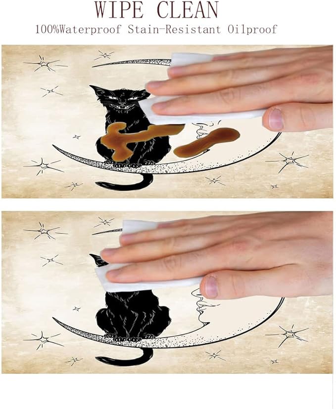 Elastic Tablecloth, Moon Decorative Fabric Table Cover for, Black Cat Sitting on White Crescent Moon, Fit Round Tables 48inch Diameter, Buffet Table/Parties/Holiday Dinner, Sand Brown Black