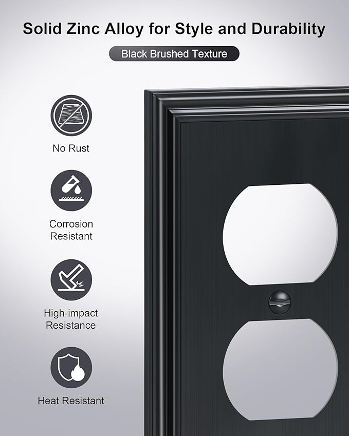 4-Pack Duplex Outlet Cover, Durable Solid Zinc Alloy Decorative Switch Plates and Outlet Covers, Black Wall Plates for Electrical Outlets, 1 Gang Receptacle Cover, Corrosion Resistant