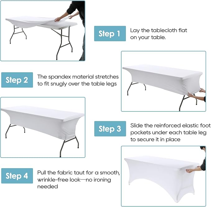 VidaFete Spandex Tablecloth 6 Pack 8FT, Fitted Stretch Table Cover for Rectangle Tables, Wrinkle Resistant and Washable Tablecloths for Outdoor, Picnic, Party, Wedding, Banquet, Birthday, White