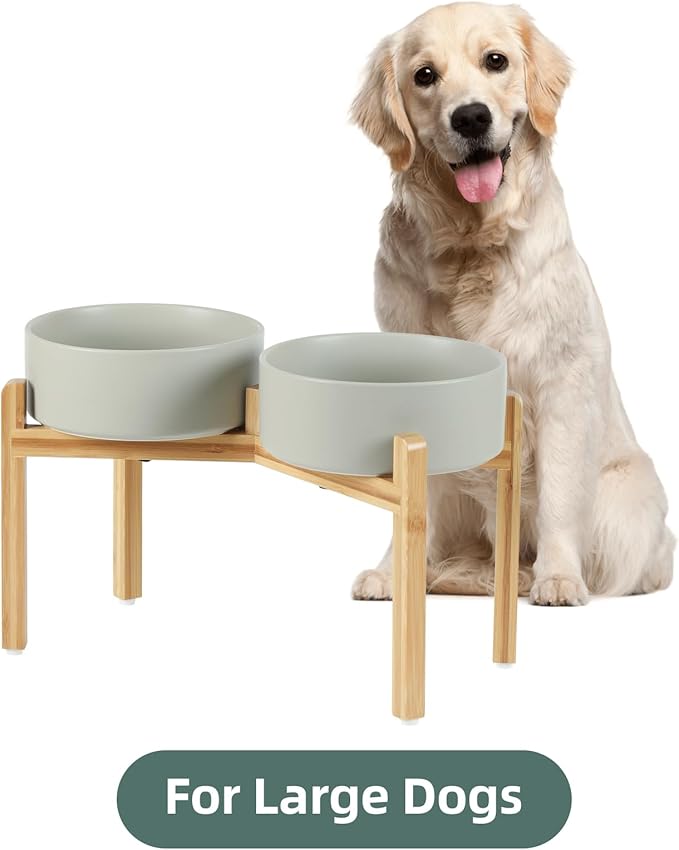 Ceramic Raised Double Bowls Set with Stand, Food & Water Bowls for Large Breed Dogs, Weighted Dog Dishes, Pet Bowl(8.2'',60OZ, Grey)