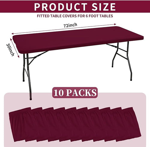 10 Pack Fitted Tablecloth for 6 Foot Rectangle Tables, Wine Red Elastic Outdoor Picnic Table Cover, Washable Stretch Folding Table Cloths 6 ft for Camping Party Patio Kitchen Banquet, 30" W x 72" L